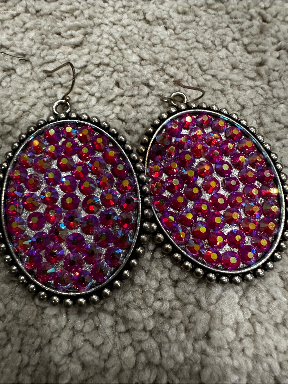 Vibrant Pink Iridescent Oval Drop Earrings with Silver Beaded Edge